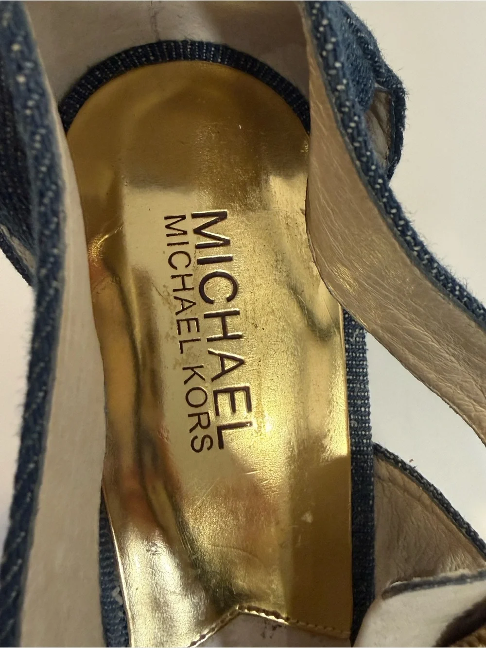 Michael Kors Womens 9.5 Denim Espadrille Wedge Sandals Zip Front Blue Heels